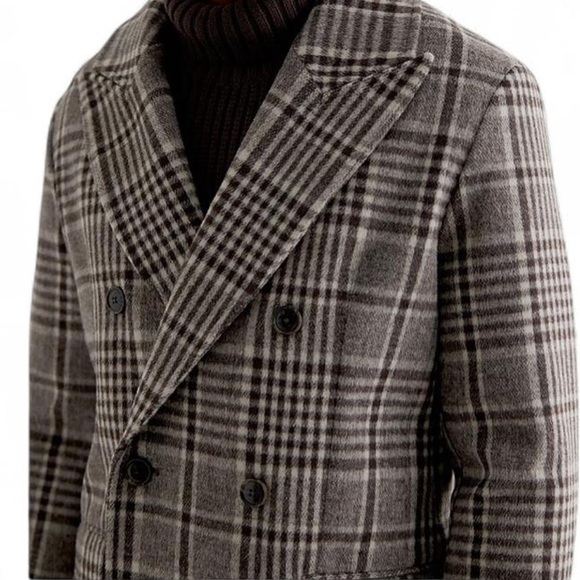 Men's Brown Plaid Double-Breasted Topcoat Size Large - Picture 3 of 8
